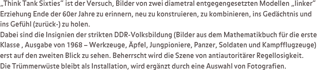 „Think Tank Sixties“ ist der Versuch, Bilder von zwei diametral entgegengesetzten Modellen „linker“ Erziehung Ende der 60er Jahre zu erinnern, neu zu konstruieren, zu kombinieren, ins Gedächtnis und ins Gefühl (zurück-) zu holen. 
Dabei sind die Insignien der strikten DDR-Volksbildung (Bilder aus dem Mathematikbuch für die erste Klasse , Ausgabe von 1968 – Werkzeuge, Äpfel, Jungpioniere, Panzer, Soldaten und Kampfflugzeuge) 
erst auf den zweiten Blick zu sehen. Beherrscht wird die Szene von antiautoritärer Regellosigkeit. 
Die Trümmerwüste bleibt als Installation, wird ergänzt durch eine Auswahl von Fotografien.