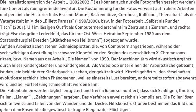 Die Installationsversion der Arbeit „!20022002!“ ( es können auch nur die Fotografien gezeigt werden) funktioniert als raumgreifende Inventur. Die Kostümierung für die Fotos verweist auf frühere Arbeiten und persönliche Historie: links Else mit Mantel, Baskenmütze, Cordhose, Rolli und „Thiersebart“ als die Vatergestalt im Video „Billett Parnass“ (1999/2000), bzw. in der Fotoarbeit „Selbst als Runder Tisch“ (2001), Ulf im lässigen Outfit als Computernerd erscheint im Zentrum als Zentrum, und rechts trägt Else das grüne Lederkleid, das für ihre Ost-West-Heirat im September 1989 aus dem Staatsschauspiel Dresden („Käthchen von Heilbronn“) abgezogen wurde.
Auf den Arbeitstischen stehen Schneideplotter, die, von Computern angetrieben, während der sechswöchigen Ausstellung in schwarze Klebefolien den Beginn des menschlichen X-Chromosoms ritzen, bzw. Namen aus der Arbeit „Die Namen“ von 1990. Der Maschinenlärm wird akustisch ergänzt durch leises Kindergelächter und Kindergeheul.  Als Videoloop unter einen der Arbeitstische gebeamt, ist dazu ein bekleideter Kinderbauch zu sehen, der gekitzelt wird. Kitzeln gehört zu den rätselhaften evolutionsgeschichtlichen Phänomenen, weil es einerseits Lust bereitet, andererseits sofort abgewehrt wird und bei Fortsetzung schmerzhaft werden kann. 
Die Folienbahnen werden täglich entgittert und frei im Raum so montiert, dass sich Schlingen, Knoten, Fallen, „Lianen“ , „Zeichnungen“ ergeben. Das Verfahren erweist sich als kompliziert. Die Folien lösen sich teilweise und fallen von den Wänden und der Decke. Hilfskonstruktionen bestimmen das Bild und geben dem Ensemble die gewünschte fragile Eleganz des Flüchtigen.