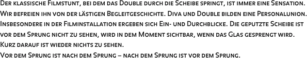 Der klassische Filmstunt, bei dem das Double durch die Scheibe springt, ist immer eine Sensation. 
Wir befreien ihn von der lästigen Begleitgeschichte. Diva und Double bilden eine Personalunion. 
Insbesondere in der Filminstallation ergeben sich Ein- und Durchblicke. Die geputzte Scheibe ist 
vor dem Sprung nicht zu sehen, wird in dem Moment sichtbar, wenn das Glas gesprengt wird. 
Kurz darauf ist wieder nichts zu sehen. 
Vor dem Sprung ist nach dem Sprung – nach dem Sprung ist vor dem Sprung.
